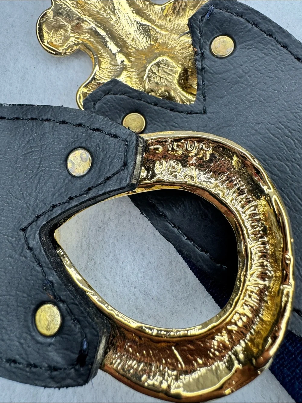 Vintage Day-Lor USA Navy Stretch Belt Ornate Gold Tone Statement Buckle